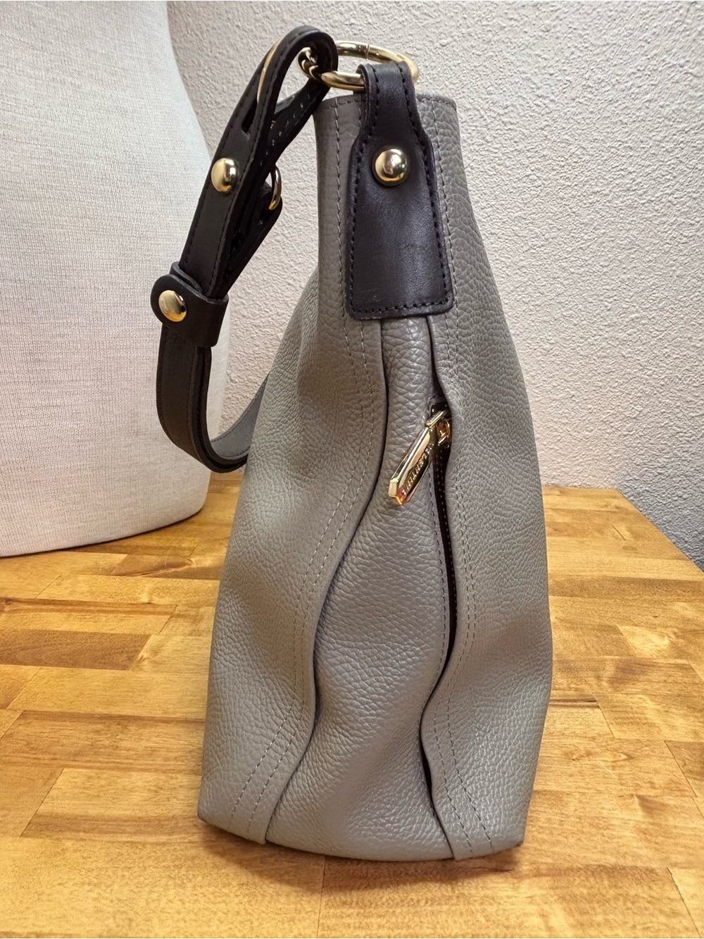Valentina Gray Pebbled Leather Shoulder Bag with Black Strap - Picture 9 of 15